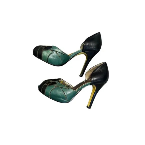 Poetic Licence London Green & Black Leather Peep Toe Heels (EUR 36.5 / US 6) - Picture 7 of 8